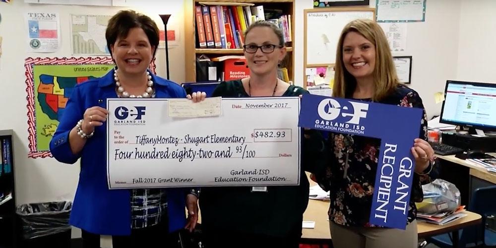 GEF president Lisa Cox surprises Garland teacher with grant funds