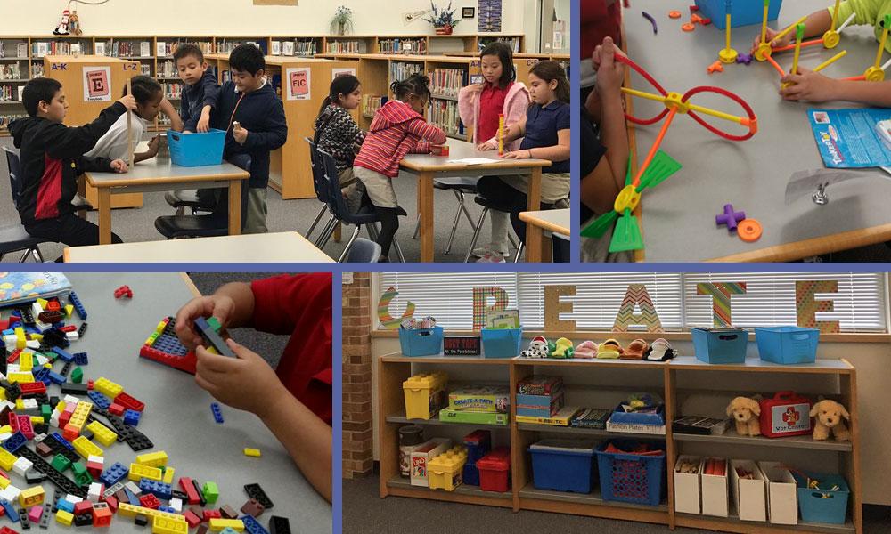 Collage of photos showing students interacting with various makerspace stations